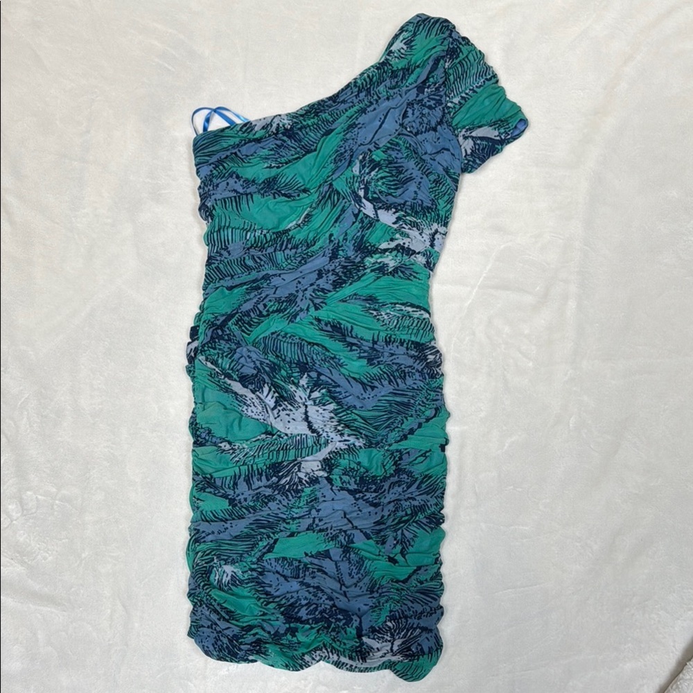 BCBGMaxAzria Asymmetrical Ruched Blue and Green Cocktail Dress